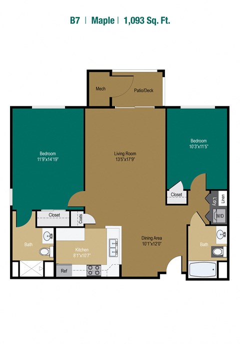 Floor plan for 2 beds, 2 baths, 1093 sqft